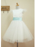 Ivory Satin Dots Tulle Knee Length Flower Girl Dress